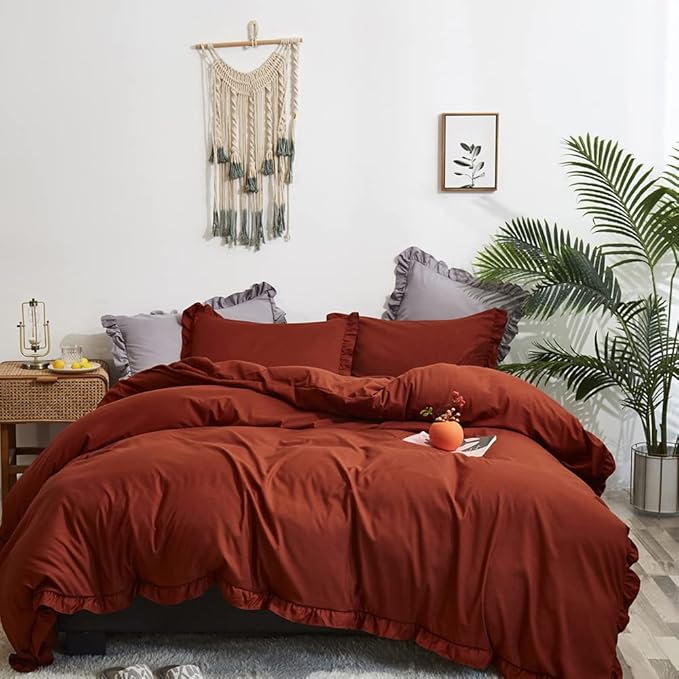 CLOTHKNOW Rust Ruffles King Size Comforter Set Farmhouse Bedding Comforter Sets Burnt Orange Comforter Soft Shabby Chic Comforter Vintage Rustic Bedding Sets