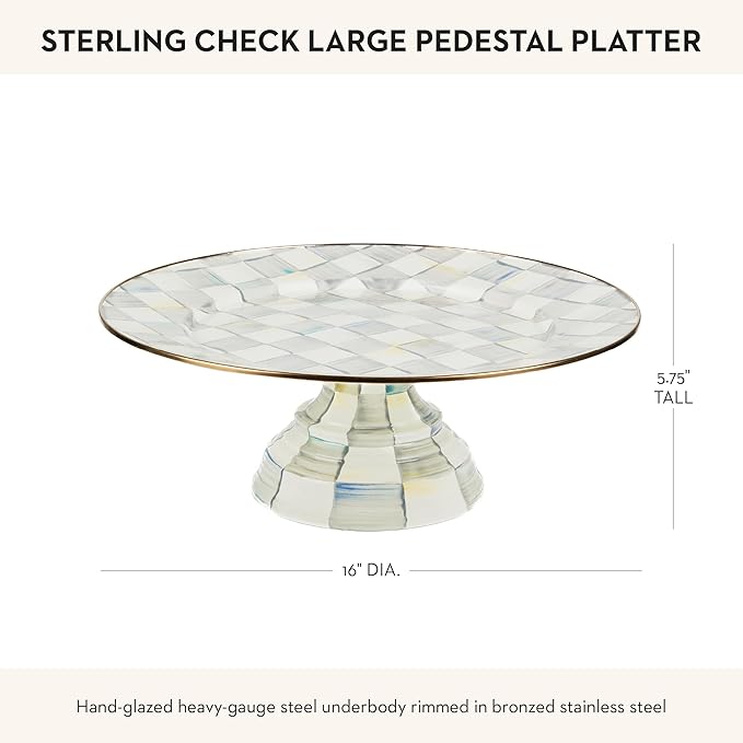 MACKENZIE-CHILDS Enamel Pedestal Platter, Round Cake Stand, Large, Gray-and-White Sterling Check