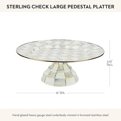 MACKENZIE-CHILDS Enamel Pedestal Platter, Round Cake Stand, Large, Gray-and-White Sterling Check