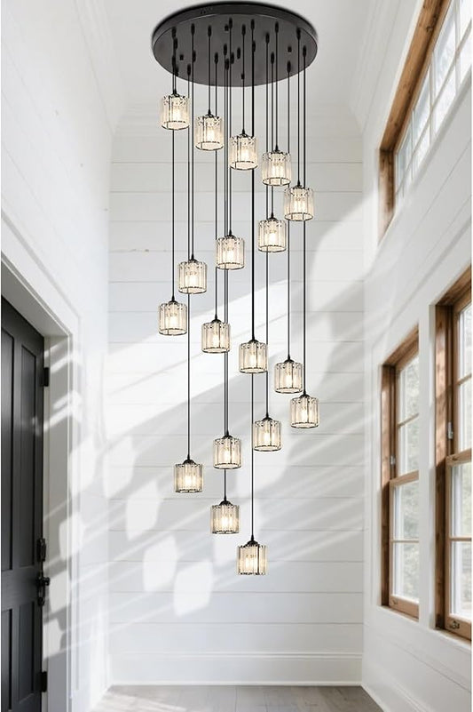 Long Chandeliers for High Ceilings,Modern Crystal Pendant Light,Raindrop Drop Lamp,Hanging Lighting Fixtures for Spiral Staircase,Foyer,Entryway,Living Room,Black (18 Lights)