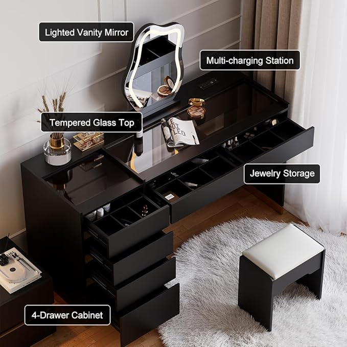 homary Vanity Desk with LED Mirror, Makeup Vanity with Power Outlet and Tempered Glass Top, Makeup Table with 6 Drawers, 3 Lighting Modes Vanity Table with Chair for Bedroom