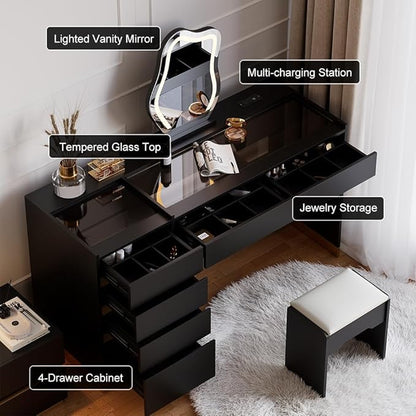 homary Vanity Desk with LED Mirror, Makeup Vanity with Power Outlet and Tempered Glass Top, Makeup Table with 6 Drawers, 3 Lighting Modes Vanity Table with Chair for Bedroom
