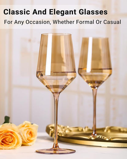 Physkoa Brown/Amber Wine Glasses Set of 6-15oz Hand Blown Crystal Colored Wine Glasses with Long Stem, Wedding, Birthday, Valentines Day Glassware