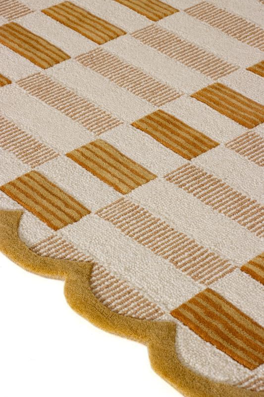 Hand-Tufted Wool Area Rug with Scalloped Edges, Neutral Beige Plaid Pattern, Cozy Soft Accent Rug for Living Room, Bedroom, and Nursery, Handmade Decorative Carpet, 2x3 Ft