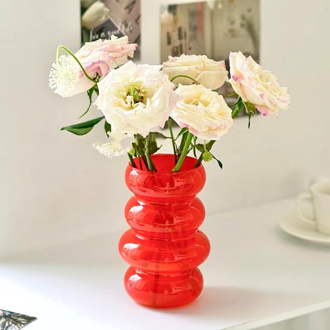 Colored Glass Hydroponic Flower Vase 7 Inch Orange Geometric with Waves and Bubbles Four Layer Glass Vase for Home Decoration Modern Freestanding Indoor Hydroponics Dried Flowers