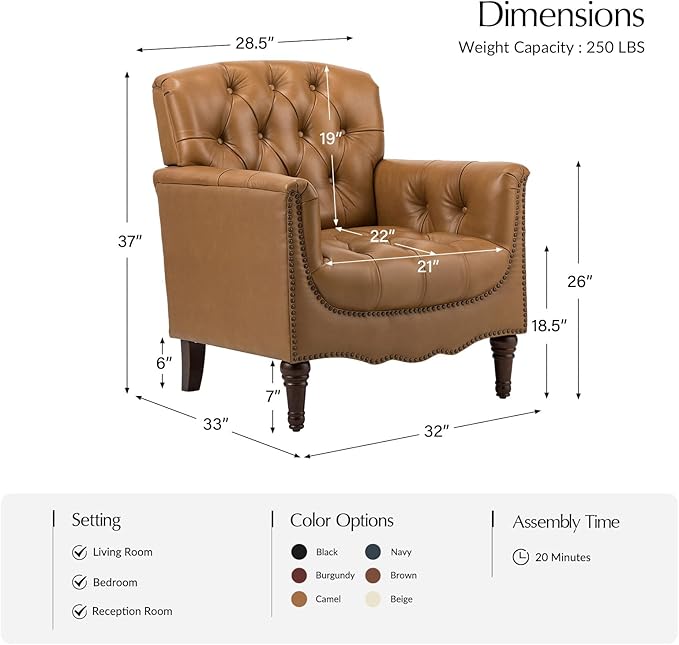 HULALA HOME Mid Century Modern Leather Club Chairs, Top-Grain Genuine Leather Armchairs with Button-Tufted Back & Solid Wood Legs, Accent Chairs for Living Room/Bedroom/Home Office, Camel