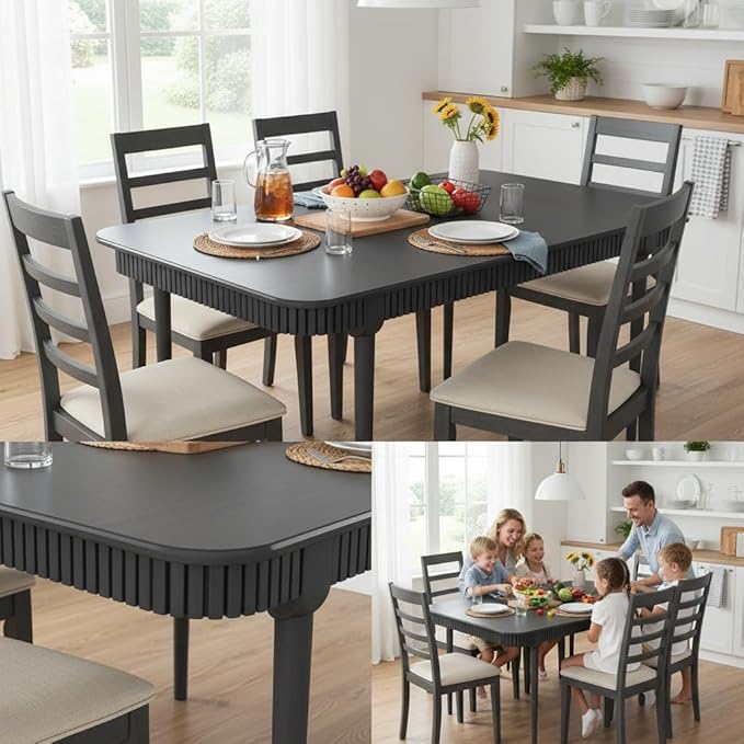 LukeAlon Mid-Century 63 Inch Solid Wood Dining Table for 4-6, Retro Farmhouse Kitchen Table with Large Tabletop, Modern Table for Dining Room, Living Room, Kitchen, Black