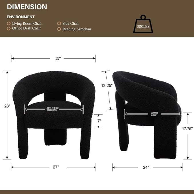 Modern Accent Chair Black Sherpa Round Barrel Armchair Comfy Upholstered Lounge Chair for Living Room Bedroom Reading Chair Vanity Chair Comfy Office Waiting Room Chairs