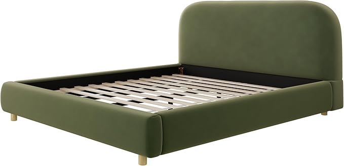 Queen Size Bed Frame, Upholstered Cloud Boucle Platform Beds Frames with Headboard, Anti-Collision Soft Rounded Corners Footboard, No Box Spring Required, Easy Assembly (35"Olive Green, Queen)