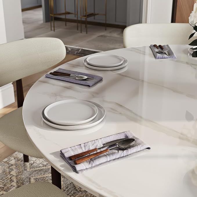 POVISON Round Dining Table for 6, Modern Marble Dining Room Table 59" Glossy White Sintered Stone Kitchen Table with Bronze Carbon Steel Pedestal (Table Only)