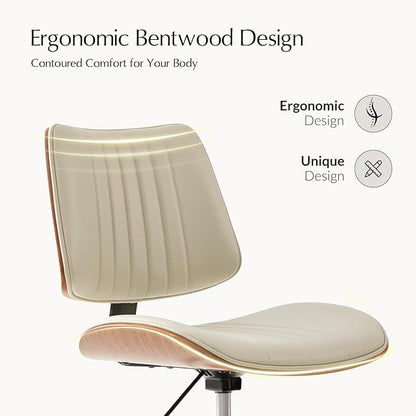 HULALA HOME Desk Chair with Solid Wood Legs, Adjustable Height & 360° Swivel, Comfy Bentwood Faux Leather Tufted Task Chair, Ivory