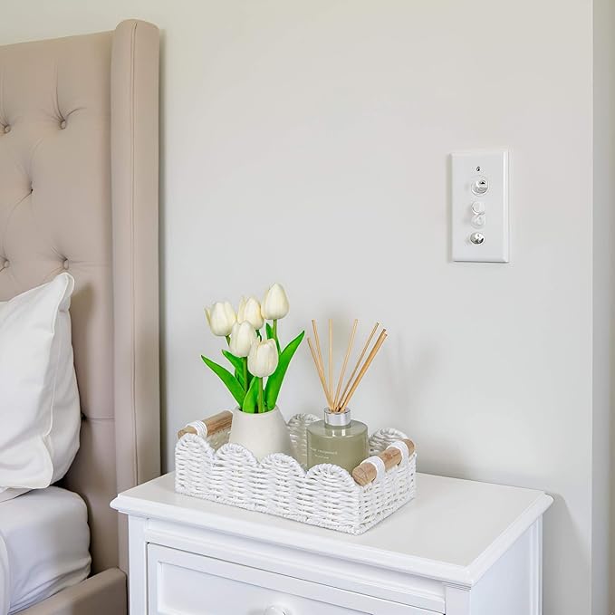 CubesLand Scalloped Edge Toilet Paper Storage Basket, Living Room Home Cozy Decor Basket, Paper Rope Small Baskets for Over Toilet Storage Shelf, Shelves, with 2 Wooden Handles, White