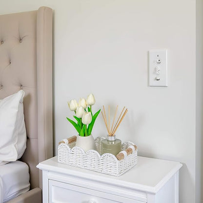 CubesLand Scalloped Edge Toilet Paper Storage Basket, Living Room Home Cozy Decor Basket, Paper Rope Small Baskets for Over Toilet Storage Shelf, Shelves, with 2 Wooden Handles, White