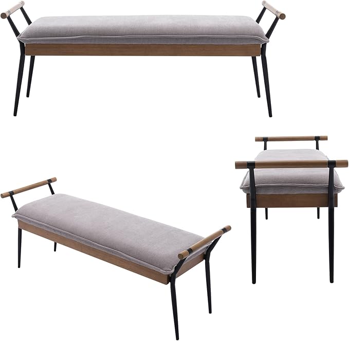 DUOMAY Modern Rectangle Ottoman Bench with Arms and Metal Legs, Mid Century Chenille Fabric Dining Table Bench Footstool Entryway Shoe Bench for Dining Room Bedroom Living Room, Grey