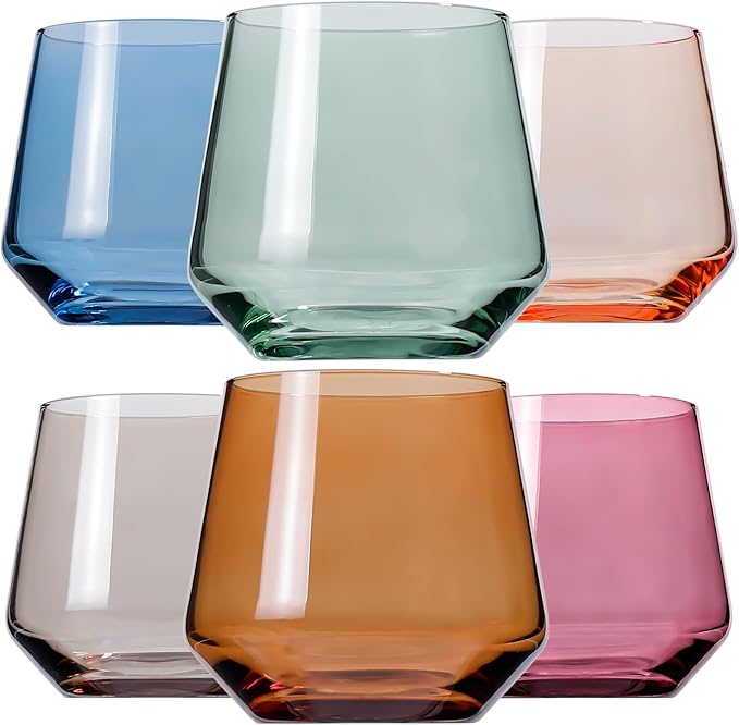 Physkoa Colored Stemless Wine Glasses Set of 6 - Colorful Crystal Glassware, Goblet Cocktails, Red & White, Dinner Color Beautiful, Classic Stemless Design 14oz