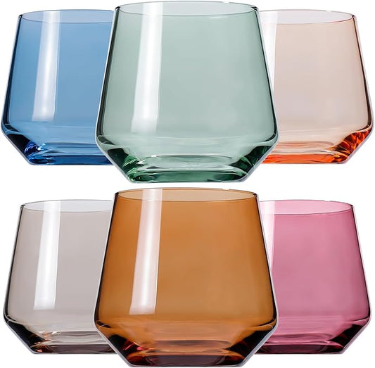 Physkoa Colored Stemless Wine Glasses Set of 6 - Colorful Crystal Glassware, Goblet Cocktails, Red & White, Dinner Color Beautiful, Classic Stemless Design 14oz