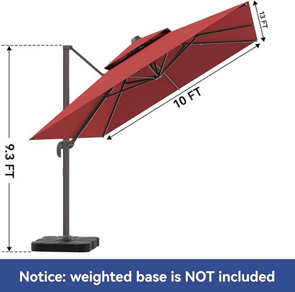 10x13FT Cantilever Outdoor Patio Umbrellas, Double Top Large Rectangle Umbrella, Heavy Duty 360° Rotation Offset Outdoor Sun Shade Umbrella for Garden Deck Pool Backyard Patio, Red
