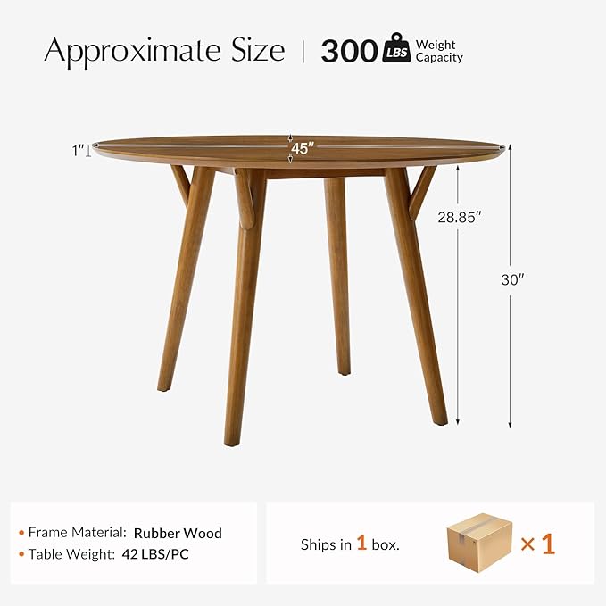 HULALA HOME Round Dining Table for 4, 45” Solid Wood Ktichen Table, Small Dinner Coffee Writing Table for Kitchen Dining Room, Save Space, Acorn