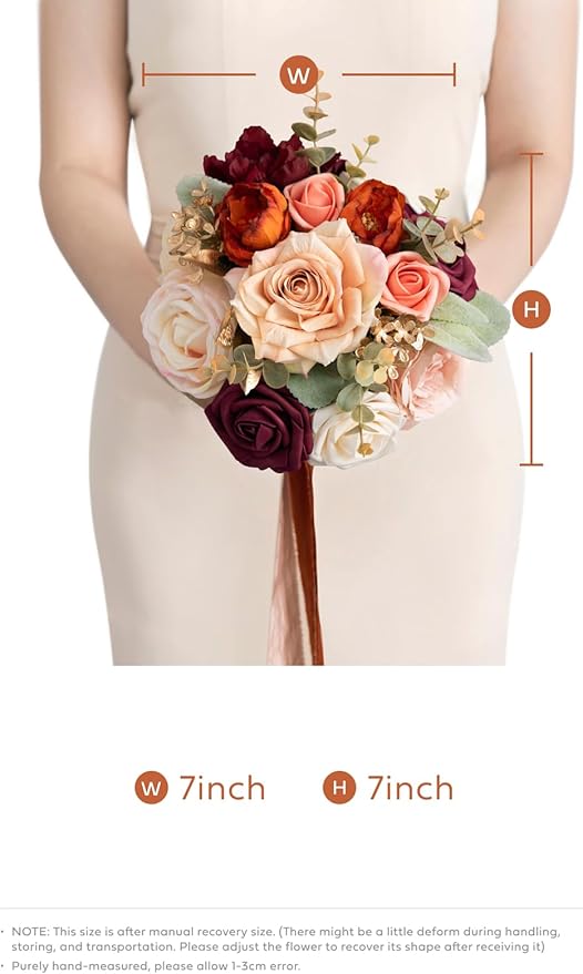 Ling's moment Terracotta Bridesmaid Bouquet, Burnt Orange Wedding Bouquets for Bridesmaids, 7 Inch Bridal Bouquets for Bridesmaids, Wedding Decor, Ceremony, Anniversary, Homecoming, etc.