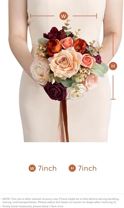 Ling's moment Terracotta Bridesmaid Bouquet, Burnt Orange Wedding Bouquets for Bridesmaids, 7 Inch Bridal Bouquets for Bridesmaids, Wedding Decor, Ceremony, Anniversary, Homecoming, etc.