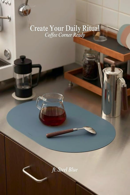 Steel Blue Oval Silicone Placemats Set of 4 – Heat Resistant, Waterproof, Easy to Clean Non-Slip Modern Dining Table Mats – Premium Leather Textured Japandi Kitchen Decor