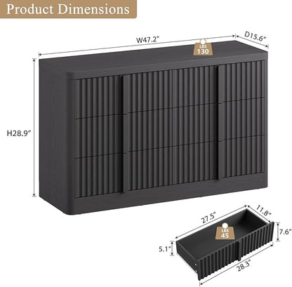 Fluted Dresser for Bedroom, 47" Wide 6 Drawer Dresser, Modern Chest of Drawers with Solid Wood Handle, Curved Profile Design, Wood Dressers Storage Organizer, Living Room, Hallway, Black