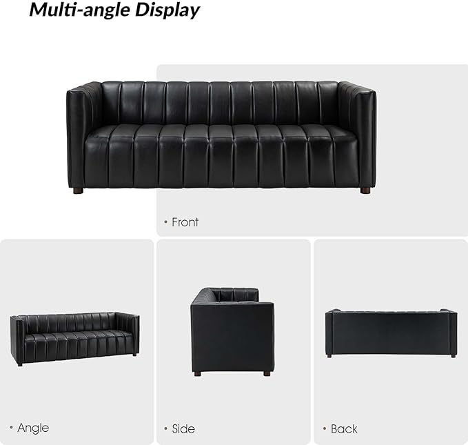 HULALA HOME 83" Genuine Leather Sofa with Channel Tufted Design, 3-Seater Sofa for Living Room Bedroom, Modern Oversized Couch with Wood Legs, Black