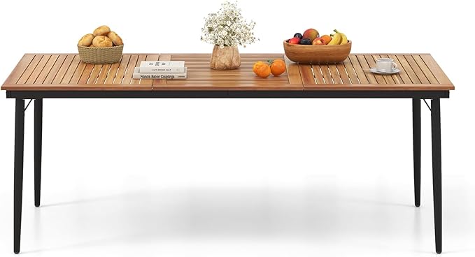 Tangkula Outdoor Dining Table for 8, 79 Inch Acacia Wood Patio Table with 1.9” Umbrella Hole, Metal Frame & Anti Slip Foot Pads, Indoor Bistro Table for Poolside, Garden & Deck