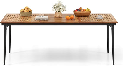 Tangkula Outdoor Dining Table for 8, 79 Inch Acacia Wood Patio Table with 1.9” Umbrella Hole, Metal Frame & Anti Slip Foot Pads, Indoor Bistro Table for Poolside, Garden & Deck