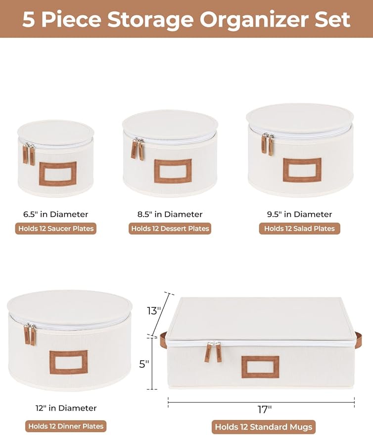 StorageWorks China Storage Containers, Hard Shell China Storage Boxes for Dishes, Plates and Mugs, Stemware Storage Cases, Holds up to 12 Place Setting, Foldable and Stackable Organizer, 5 Pack, Beige