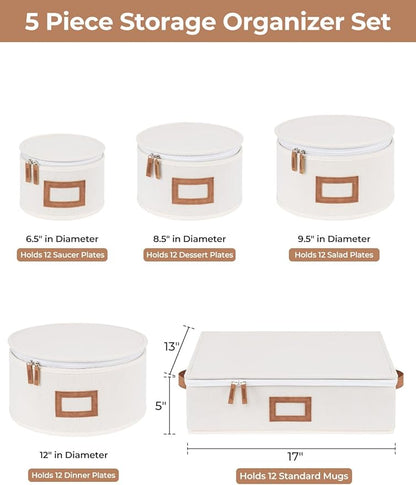 StorageWorks China Storage Containers, Hard Shell China Storage Boxes for Dishes, Plates and Mugs, Stemware Storage Cases, Holds up to 12 Place Setting, Foldable and Stackable Organizer, 5 Pack, Beige