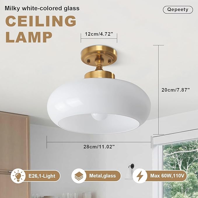 Mid Century Modern Semi Flush Mount Ceiling Light Fixture, Gold with 11.02" Milk White Glass Shade, Vintage Close to Ceiling Lamp for Hallway, Entryway, Bathroom, Closet