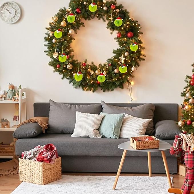 12 Pcs Green Furry Christmas Ball Ornaments,2.4 in Lime Green Plush Ball Hanging Ornaments with Red Santa Hat,Snowman and Leaf,Elf Xmas Hanging Baubles,Soft Faux Fur Pom Pom Ball Decor for Tree