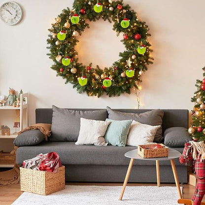 12 Pcs Green Furry Christmas Ball Ornaments,2.4 in Lime Green Plush Ball Hanging Ornaments with Red Santa Hat,Snowman and Leaf,Elf Xmas Hanging Baubles,Soft Faux Fur Pom Pom Ball Decor for Tree