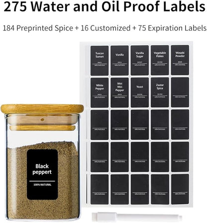 16Pcs 7oz Spice Jars Glass Container with 275 Labels, Airtight Seasoning Empty Organizer with Bamboo Lid Set for Pepper, Salt, Sugar