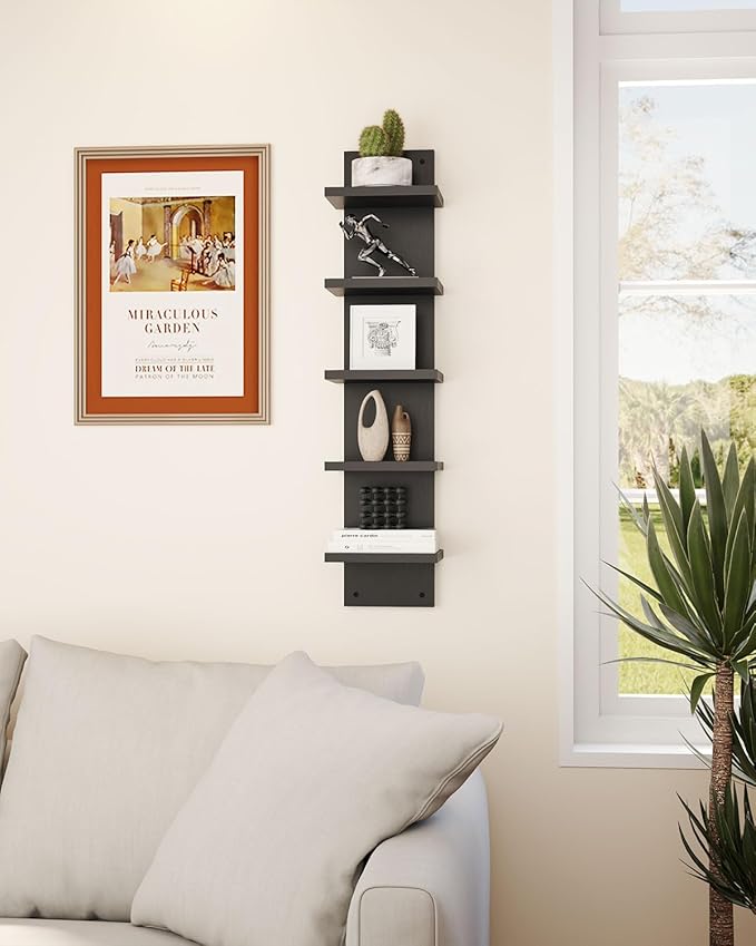 IBUYKE 5 Tier Wall Shelf Unit,Black Vertical Shelf,Floating Storage Wall Shelf,Decorative Wall Mount Vertical Shelving for Home, Bedroom,Living Room,Office Decor WBC009B