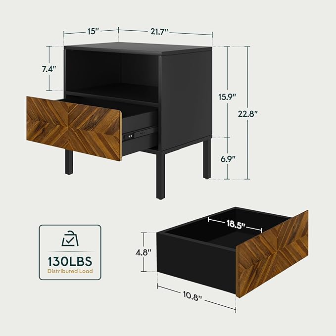Bme Vivian Side Tables Bedroom, Solid Wood Bed Side Table, Mid Century Modern End Table with Drawer, Herringbone Pattern, Compact for Bedroom & Living Room, Easy Assembly, Chestnut