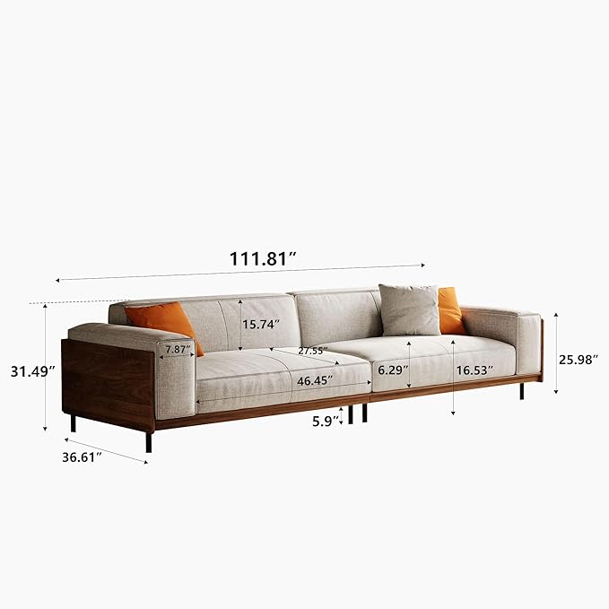 Modern 4-Seater Upholstered Fabric Sofa for Living Room –111.81 inch Comfortable Timecloud Couch with Wood Frame and Metal Legs, Easy Assembly, Ideal for Office, or Living Room, Gray
