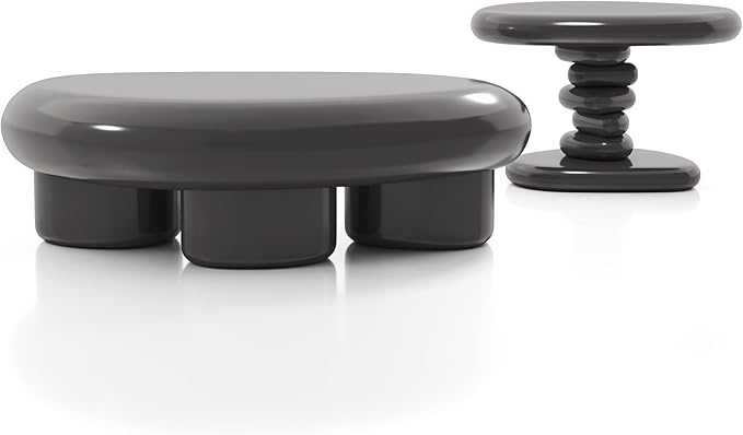 24/7 Shop at Home Kavren Modern 37-inch 2-Piece Oval Glossy Low Profile Coffee Table Set, Stone Shape Living Room Furniture for Small Space, Dark Grey