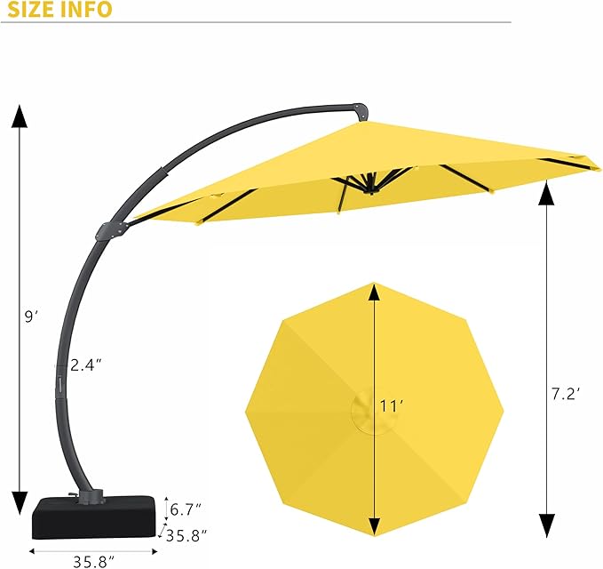 Kingdura 11ft Offset Cantilever Patio Umbrella with Base Included, Large Round Aluminum Outdoor Umbrella, 360° Rotation & Infinite Tilt, Heavy Duty Frame for Deck Pool Backyard, Yellow
