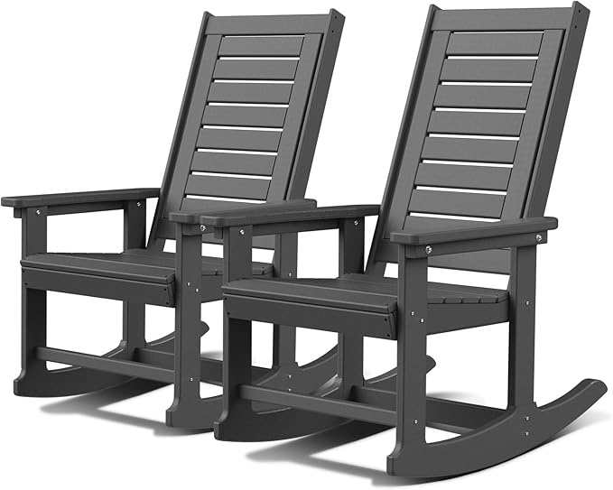 GREENVINES Outdoor Rocking Chairs | Set of 2 | Porch Rocker | HDPE Plastic | Grey | Oversized Rockers | High Back | Big & Tall | Ladder Back | for Patio Outside Backyard Balcony Garden