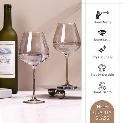 Physkoa 2025 Trendy Mocha Mousse Color Wine Glasses Set 6-18oz Long Stem Amber Smokey Wine Glasses-Hand Blown Mocha Stemware for Home Party