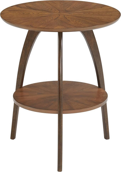 Martin Svensson Home LAX Retro Mid-Century Modern Round Wood End Table, Solid Grain Side Table with Lower Shelf, Small Accent Table for Living Room or Nightstand. Caramel Brown Top & Walnut Legs