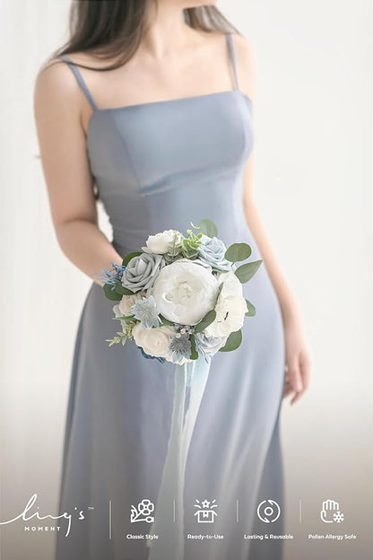 Ling's Moment Artificial Flowers Dusty Blue Bridesmaid Bouquet, Blue & White Wedding Flowers Bouquets for Bridesmaids, 7 Inch Bridal Bouquets for Bridesmaids, Wedding, Ceremony, Anniversary, etc