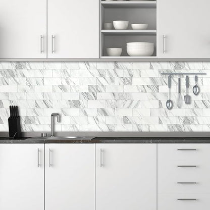 AULIGET 3" x 6" Subway Tile Peel and Stick Backsplash, Thick PVC Stick on Wall Tiles (100, White Marble)