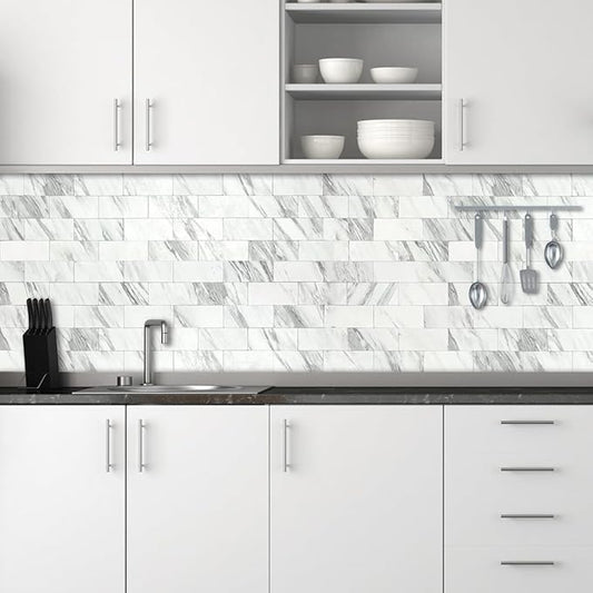 AULIGET 3" x 6" Subway Tile Peel and Stick Backsplash, Thick PVC Stick on Wall Tiles (100, White Marble)