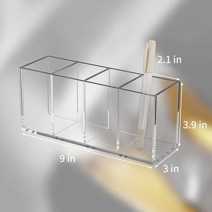 NIUBEE Acrylic Pen Holder 4 Compartments, Clear Pencil Organizer Cup for Countertop Desk Accessory Storage