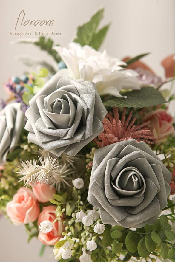 Floroom Artificial Flowers 25pcs Real Looking Shimmer Silver Grey Foam Fake Roses with Stems for DIY Christmas Ornaments Wedding Bouquets Party Tables Centerpieces Floral Arrangements Home Decorations