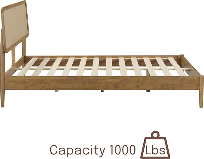 NTC Lupin Wooden Bed Frame with Headboard, Solid Oak and Rubber Wood Foundation with Silent Slats and Wood Central Supports, 1000 Lb Capacity, Queen - Teak Look