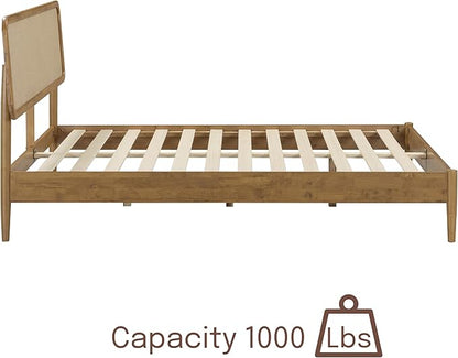 NTC Lupin Wooden Bed Frame with Headboard, Solid Oak and Rubber Wood Foundation with Silent Slats and Wood Central Supports, 1000 Lb Capacity, Queen - Teak Look